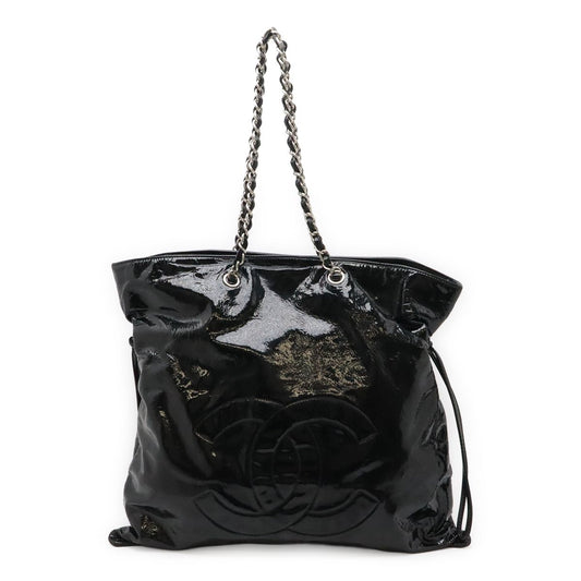 Chanel CC Logo Bonbon Tote Chain Shoulder Bag Drawstring Enamel Leather Black