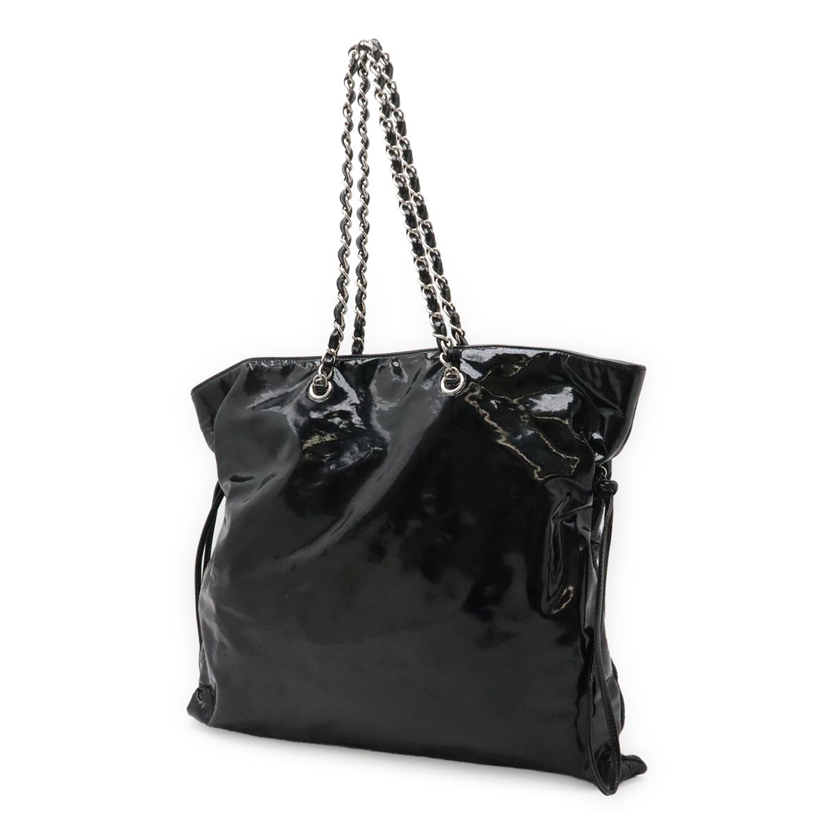 Chanel CC Logo Bonbon Tote Chain Shoulder Bag Drawstring Enamel Leather Black — view 2