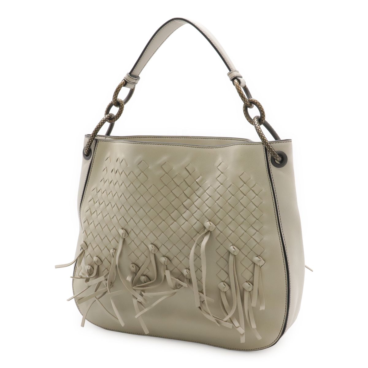 Bottega Veneta Intrecciato Brio Shoulder Bag Knot Fringe Leather Light Gray Ju — view 2