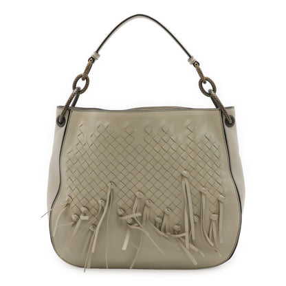 Bottega Veneta Intrecciato Brio Shoulder Bag Knot Fringe Leather Light Gray Ju