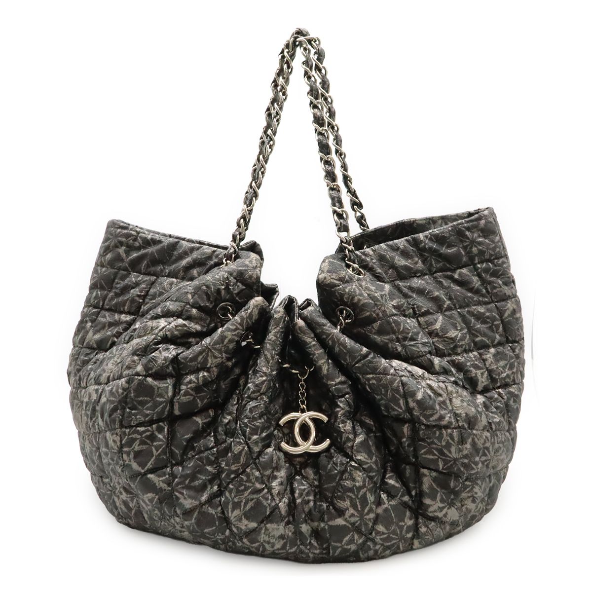 Chanel Melrose Cabas CC Logo Chain Shoulder Bag Tote Nylon Gray Silver