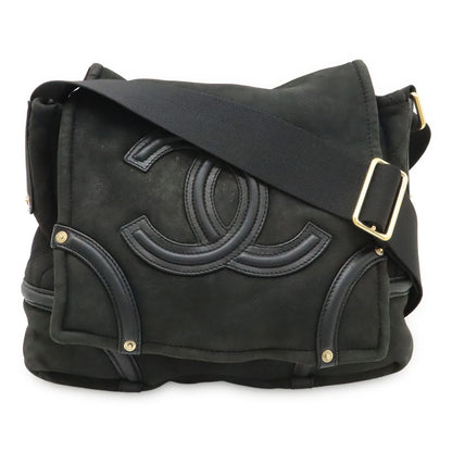Chanel CC Logo Shoulder Bag Crossbody Shearling Leather Boa Black Gold