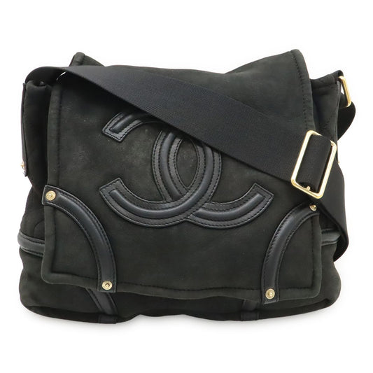 Chanel CC Logo Shoulder Bag Crossbody Shearling Leather Boa Black Gold