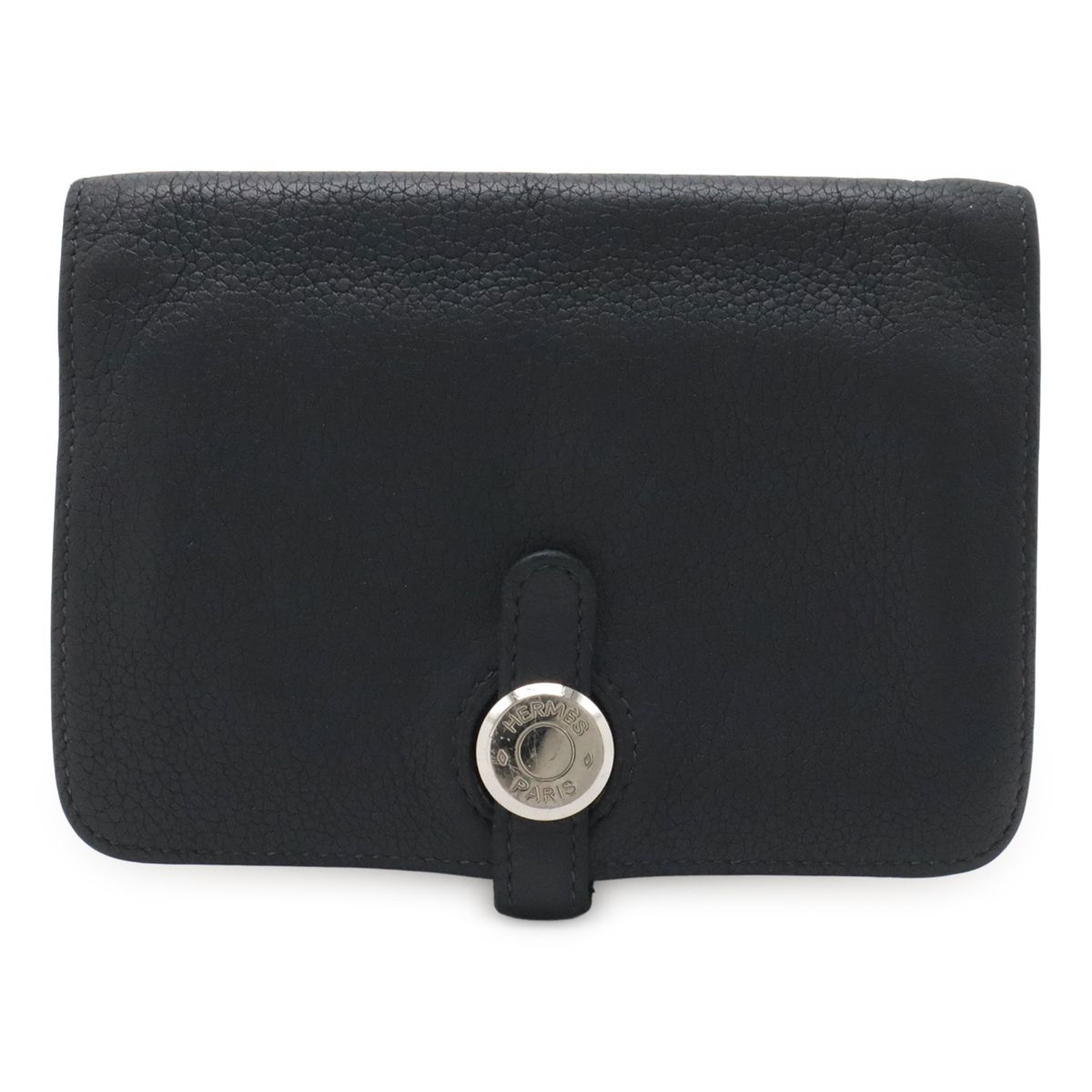 Hermes Dogon Compact Coin Purse Card Case Taurillon Clemence Black Navy Silver