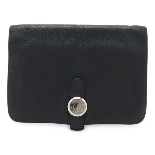 Hermes Dogon Compact Coin Purse Card Case Taurillon Clemence Black Navy Silver