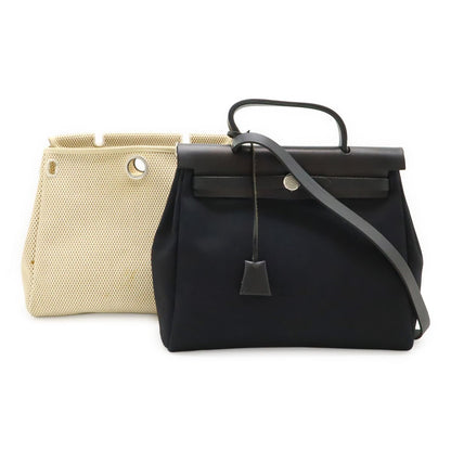 Hermes Herbag PM 2-Way Shoulder Bag Toile Officier GM Black Beige