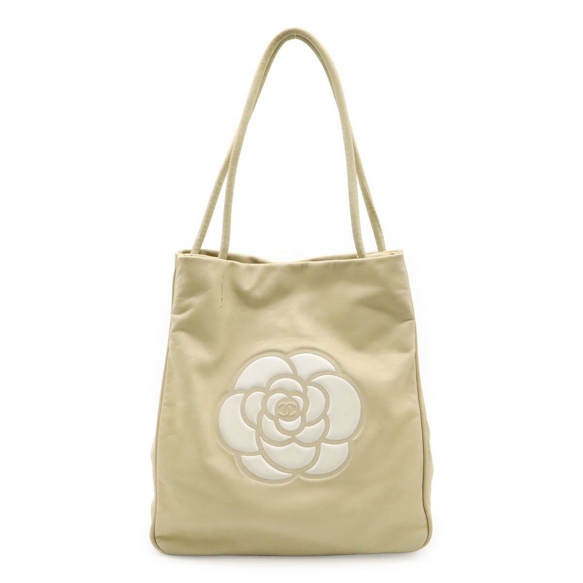 Chanel Camellia Logo Tote Shoulder Bag Leather Beige White Gold
