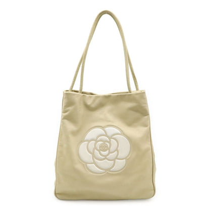 Chanel Camellia Logo Tote Shoulder Bag Leather Beige White Gold