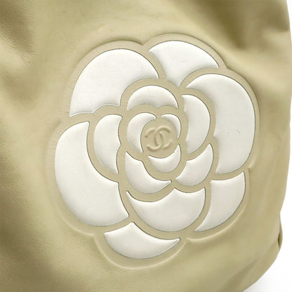 Chanel Camellia Logo Tote Shoulder Bag Leather Beige White Gold — view 8