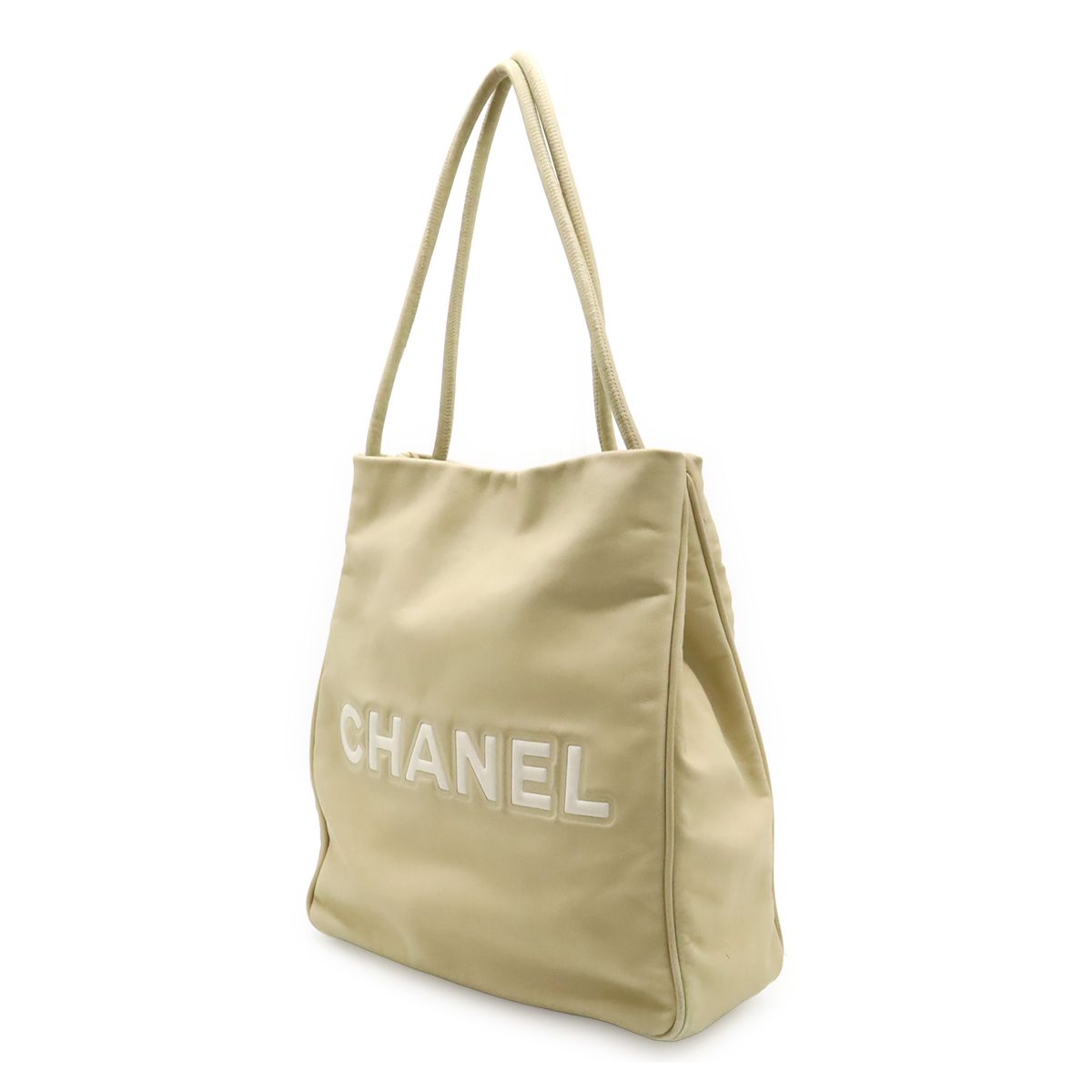 Chanel Camellia Logo Tote Shoulder Bag Leather Beige White Gold — view 2