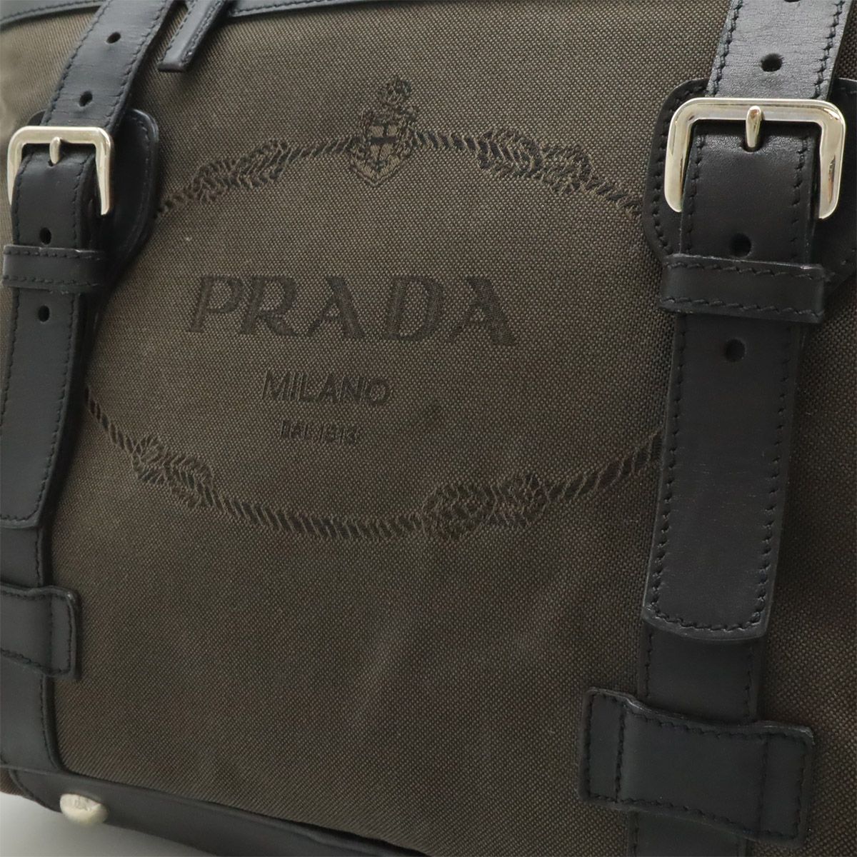 Prada Logo Jacquard Shoulder Bag Tote 2-Way Canvas Leather Brown Nero Black — view 9