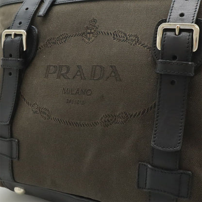 Prada Logo Jacquard Shoulder Bag Tote 2-Way Canvas Leather Brown Nero Black — view 9