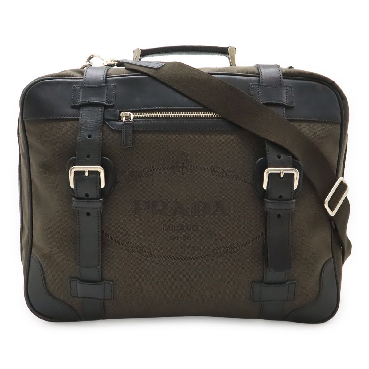 Prada Logo Jacquard Shoulder Bag Tote 2-Way Canvas Leather Brown Nero Black