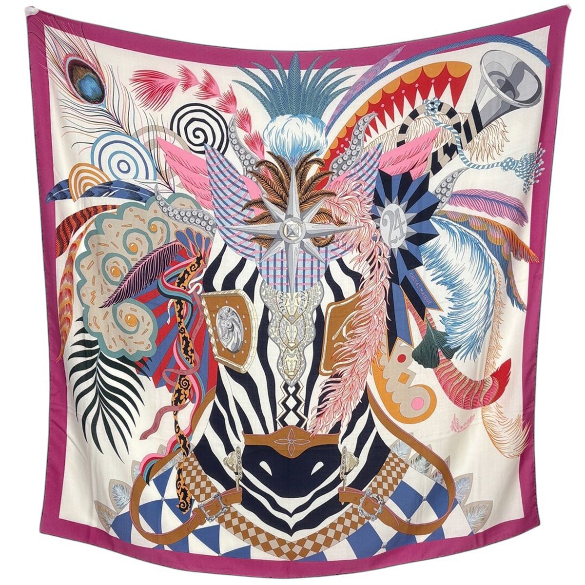 Hermes Carre Geant Cheval Masque Mask Scarf Cashmere Silk Fuchsia Multicolor