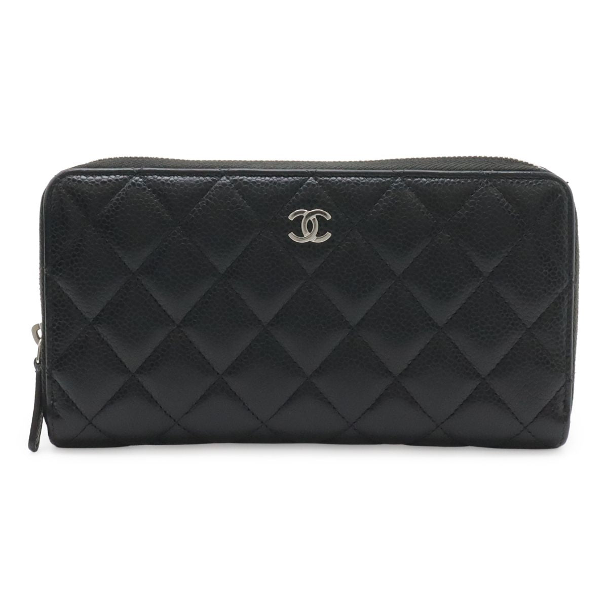Chanel Quilted CC Logo Long Zip Wallet Zip Around Caviar Leather Black Silver