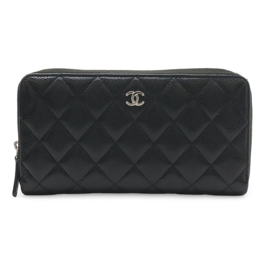 Chanel Quilted CC Logo Long Zip Wallet Zip Around Caviar Leather Black Silver