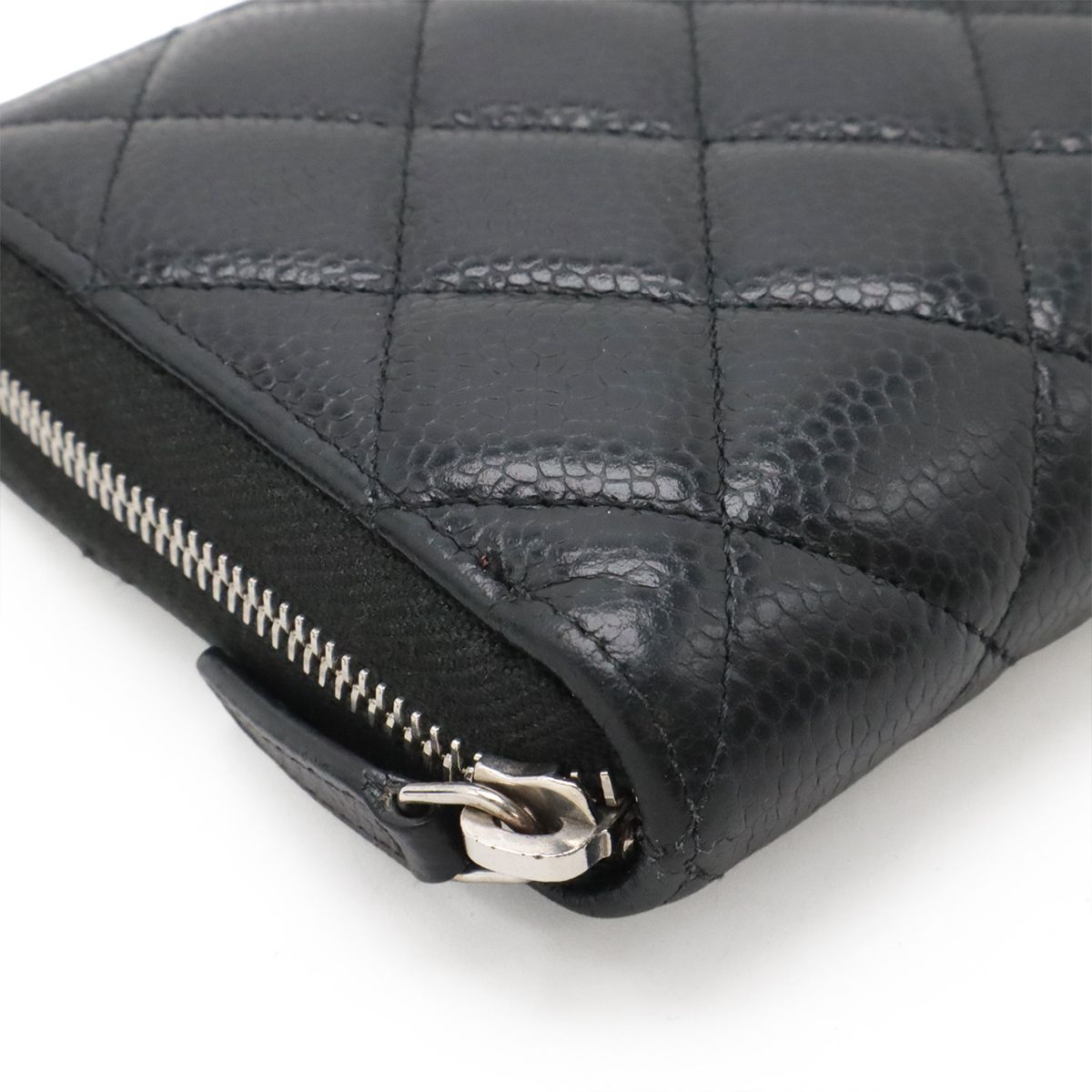 Chanel Quilted CC Logo Long Zip Wallet Zip Around Caviar Leather Black Silver — view 3