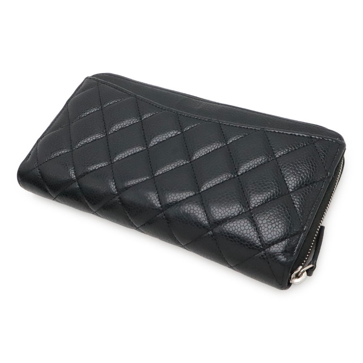 Chanel Quilted CC Logo Long Zip Wallet Zip Around Caviar Leather Black Silver — view 2