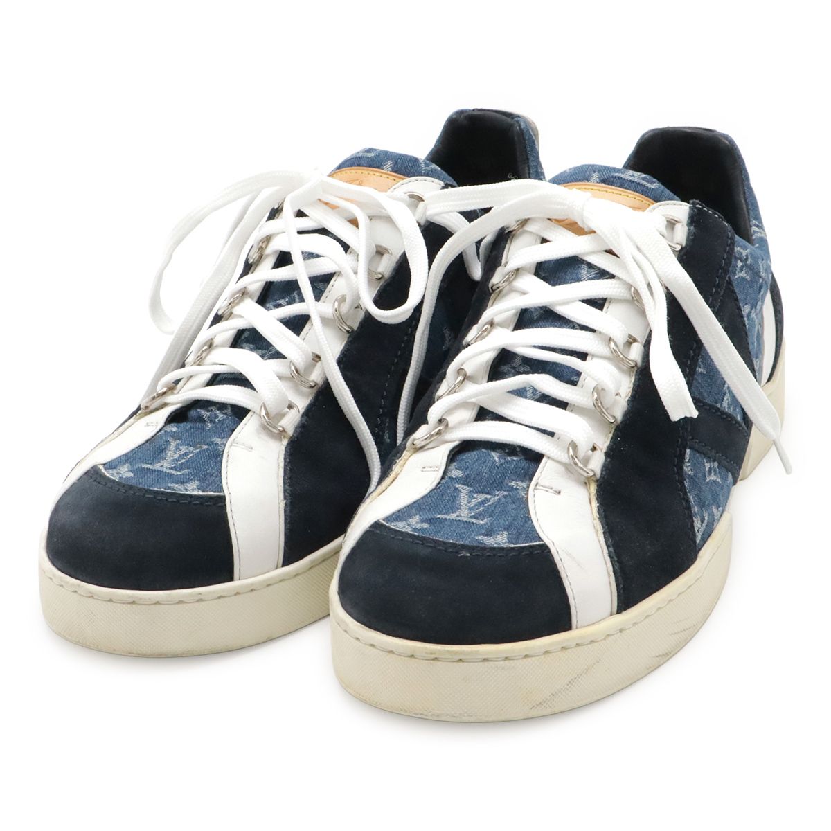 Louis Vuitton Monogram Denim Low Cut Sneakers Shoes Suede Blue Black White 7.5