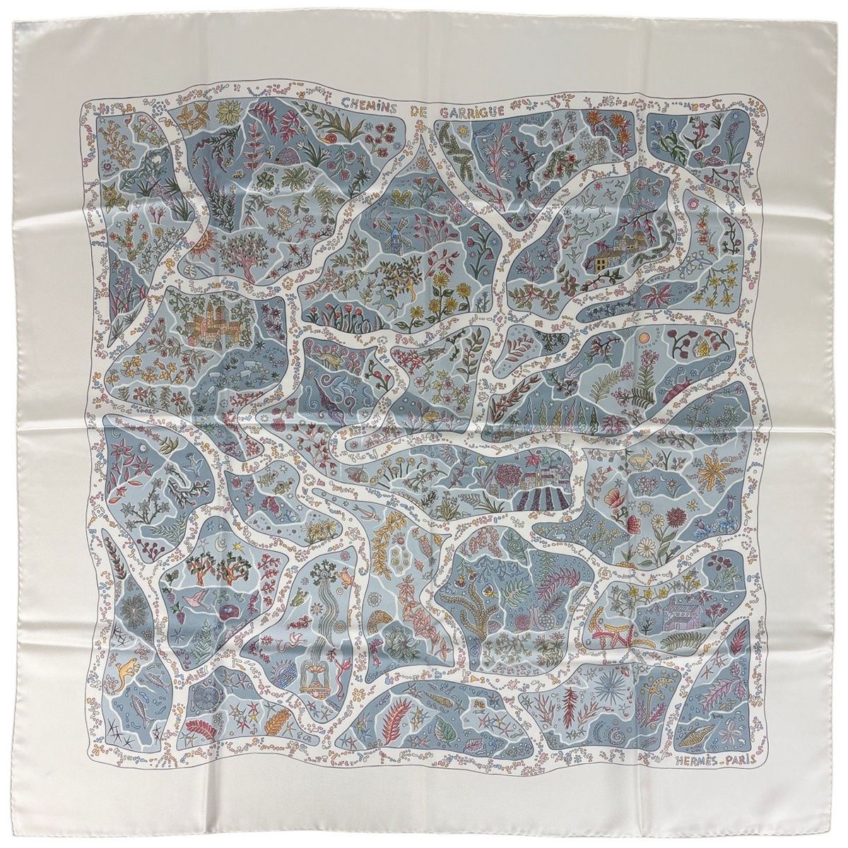 Hermes Carre 90 Chemins de Garrigue Scarf Silk White Multicolor