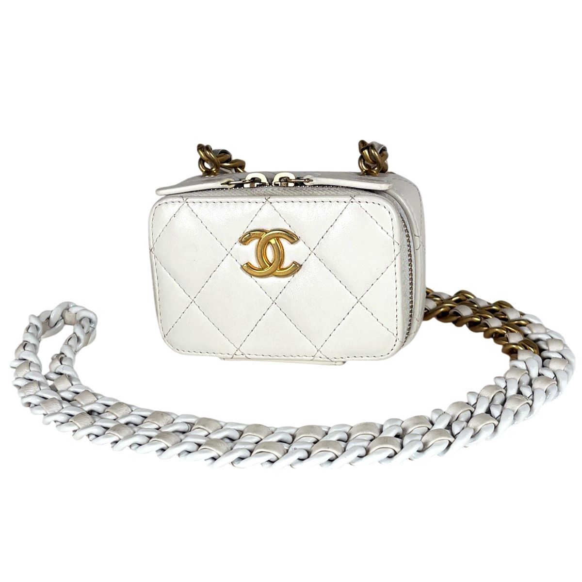 Chanel CC Logo Chain Shoulder Bag Quilted Mini Coin Purse Leather White