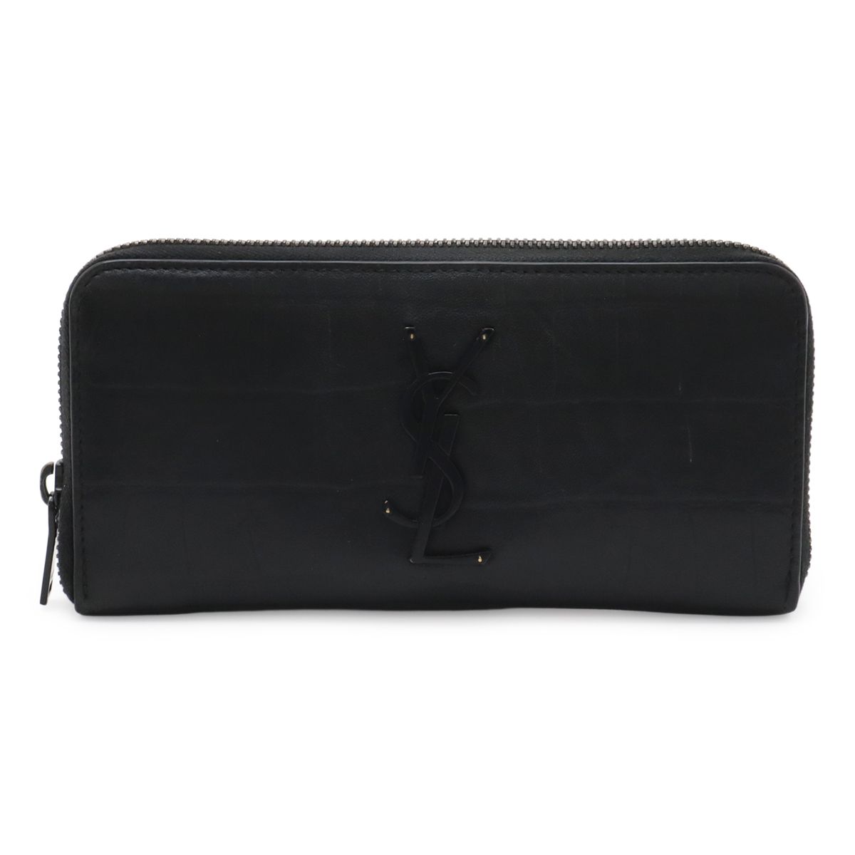 Saint Laurent Paris YSL Yves Zip Around Wallet Croco Like Leather Black