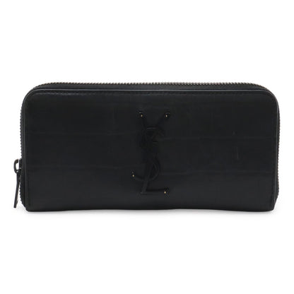 Saint Laurent Paris YSL Yves Zip Around Wallet Croco Like Leather Black