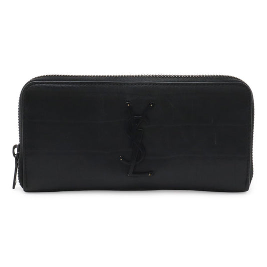 Saint Laurent Paris YSL Yves Zip Around Wallet Croco Like Leather Black