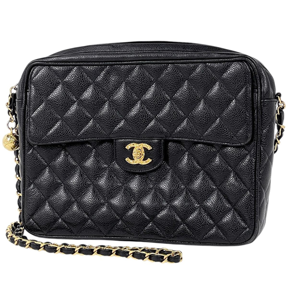Chanel CC Logo Chain Shoulder Bag Quilted Caviar Leather Black