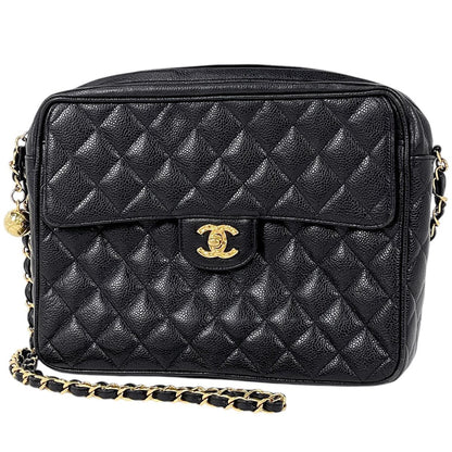Chanel CC Logo Chain Shoulder Bag Quilted Caviar Leather Black