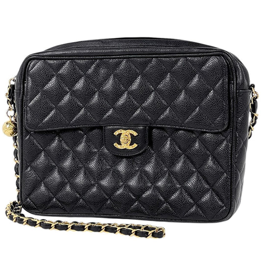 Chanel CC Logo Chain Shoulder Bag Quilted Caviar Leather Black