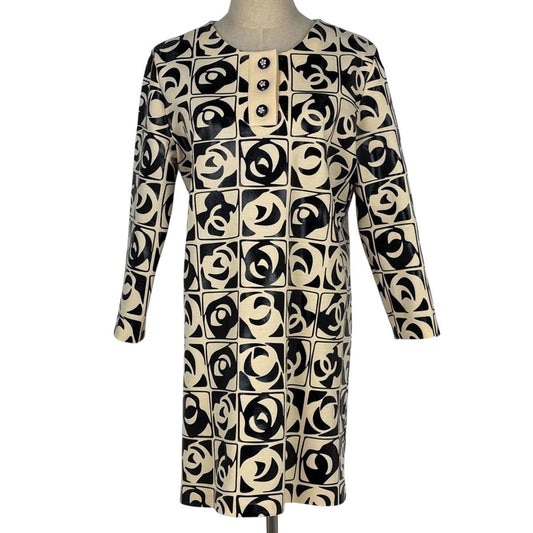 Chanel CC Logo Button Dress Flower All Over Pattern Skirt Wool White Black
