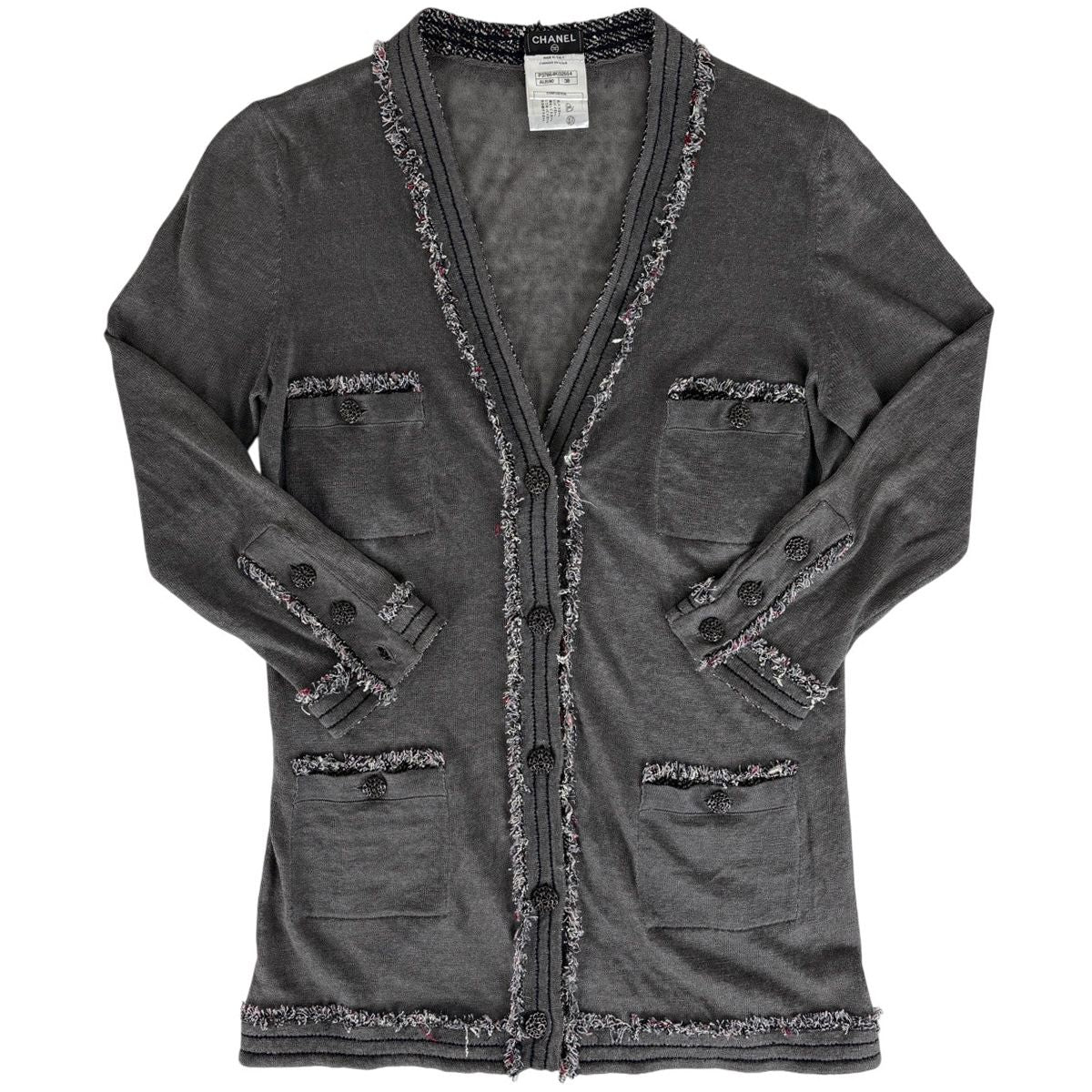 Chanel CC Logo Button Cardigan Knit Fringe Top Linen Silk Gray