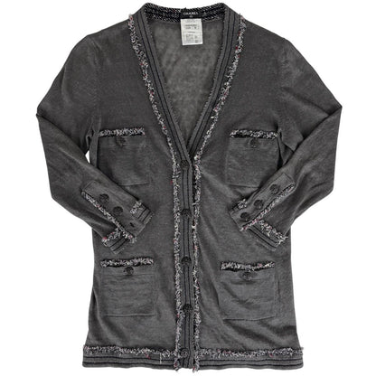 Chanel CC Logo Button Cardigan Knit Fringe Top Linen Silk Gray