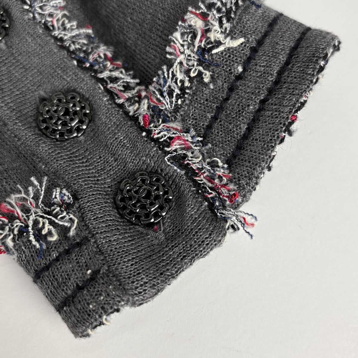 Chanel CC Logo Button Cardigan Knit Fringe Top Linen Silk Gray — view 4