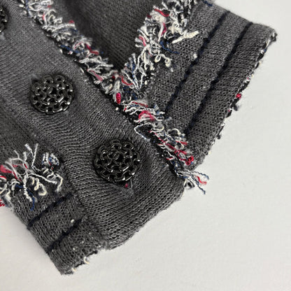 Chanel CC Logo Button Cardigan Knit Fringe Top Linen Silk Gray — view 4