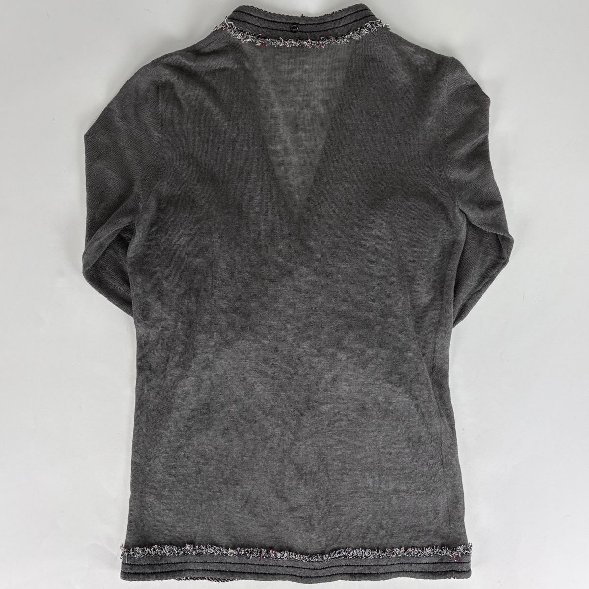 Chanel CC Logo Button Cardigan Knit Fringe Top Linen Silk Gray — view 2
