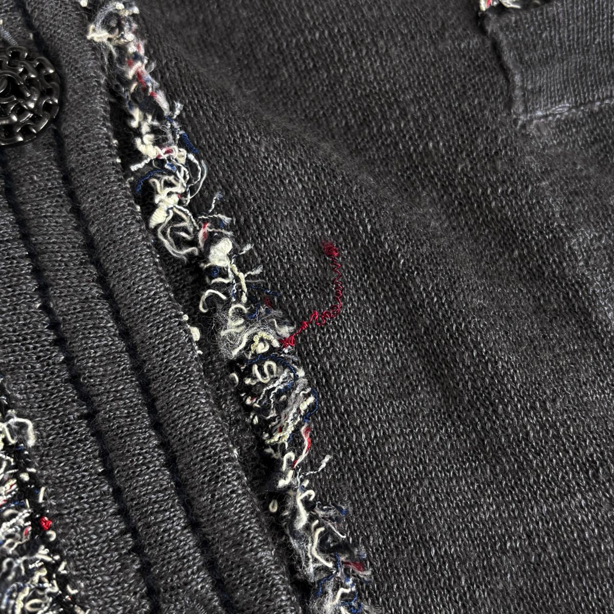 Chanel CC Logo Button Cardigan Knit Fringe Top Linen Silk Gray — view 6