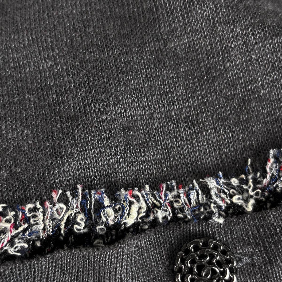 Chanel CC Logo Button Cardigan Knit Fringe Top Linen Silk Gray — view 5