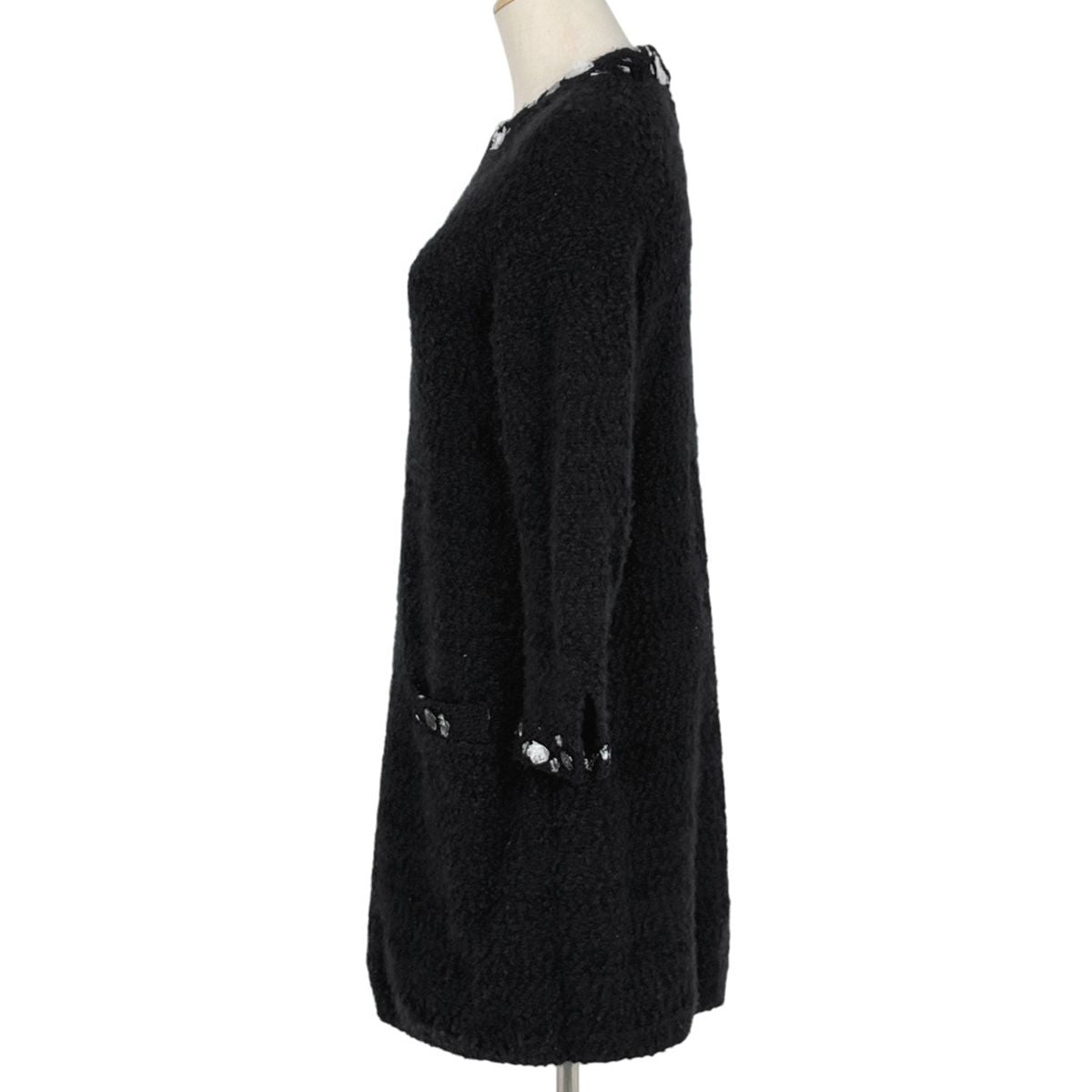Chanel CC Logo Button Knit Dress Long Sleeve Flower Skirt Cashmere Wool Black — view 2