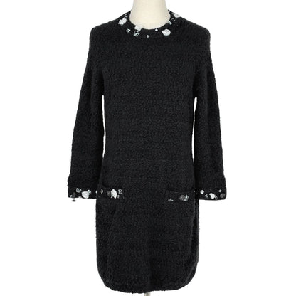 Chanel CC Logo Button Knit Dress Long Sleeve Flower Skirt Cashmere Wool Black