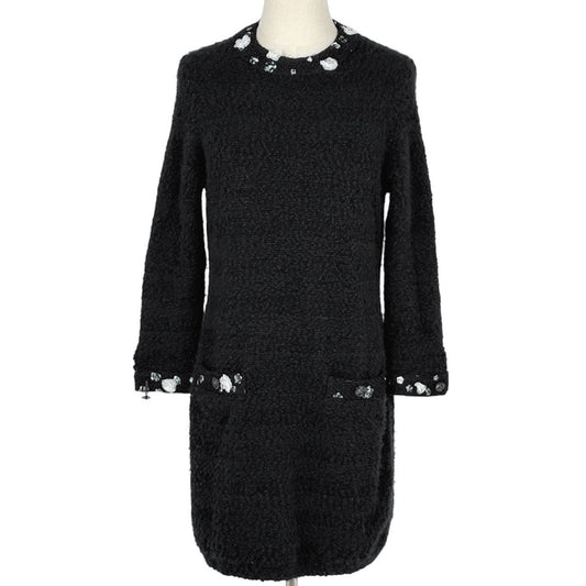 Chanel CC Logo Button Knit Dress Long Sleeve Flower Skirt Cashmere Wool Black