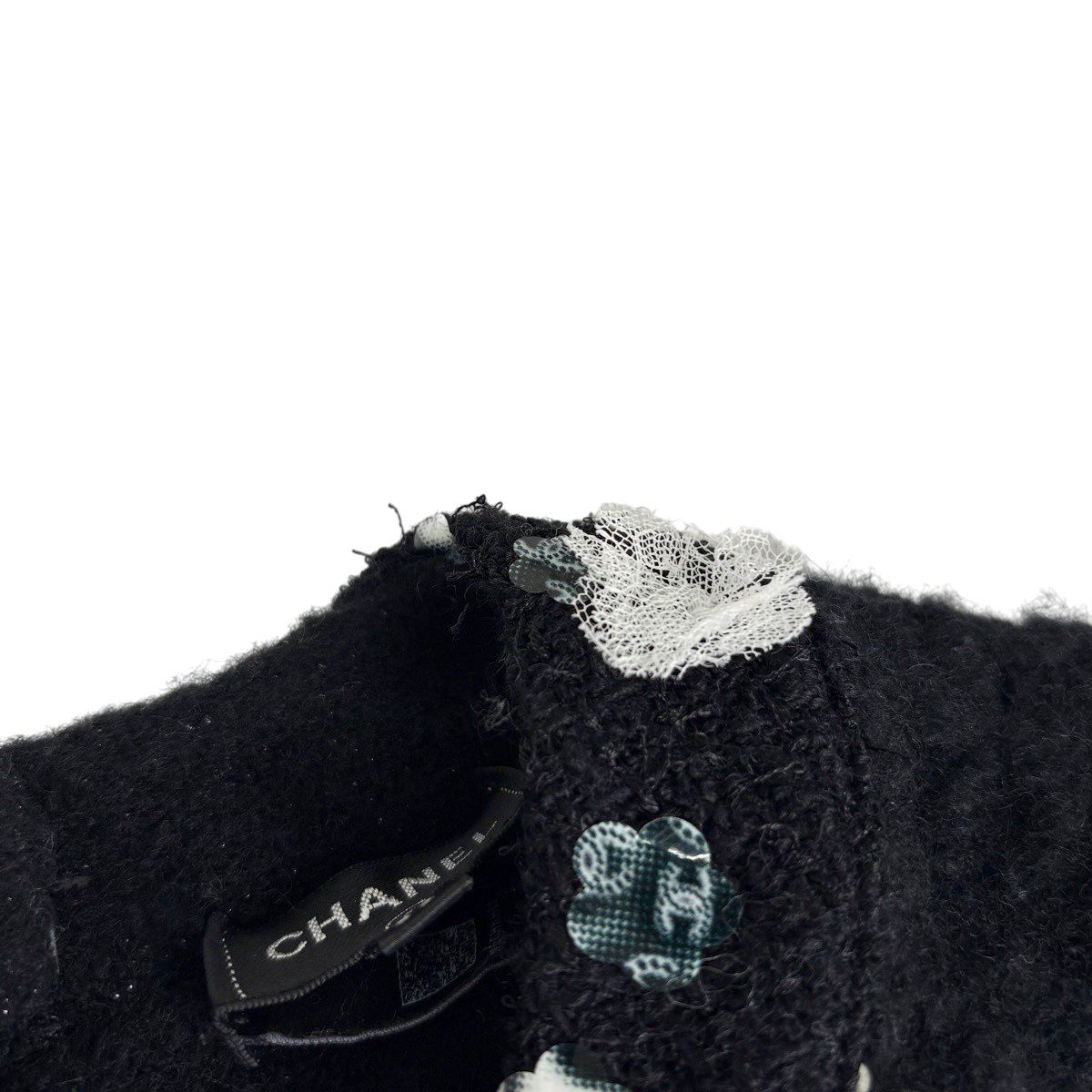 Chanel CC Logo Button Knit Dress Long Sleeve Flower Skirt Cashmere Wool Black — view 9