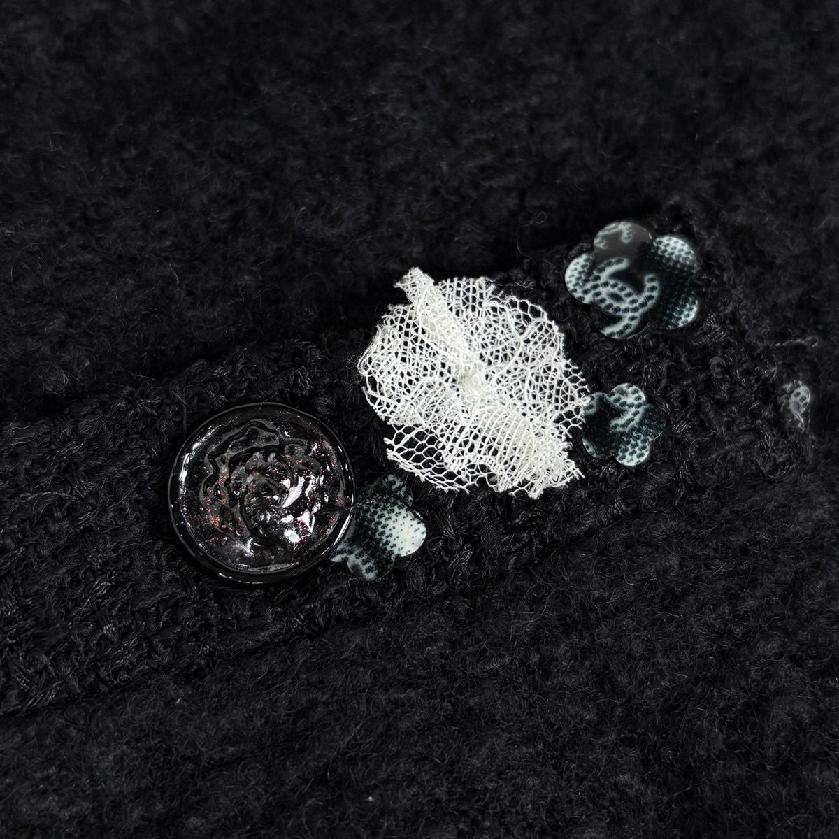 Chanel CC Logo Button Knit Dress Long Sleeve Flower Skirt Cashmere Wool Black — view 7