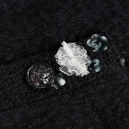 Chanel CC Logo Button Knit Dress Long Sleeve Flower Skirt Cashmere Wool Black — view 7