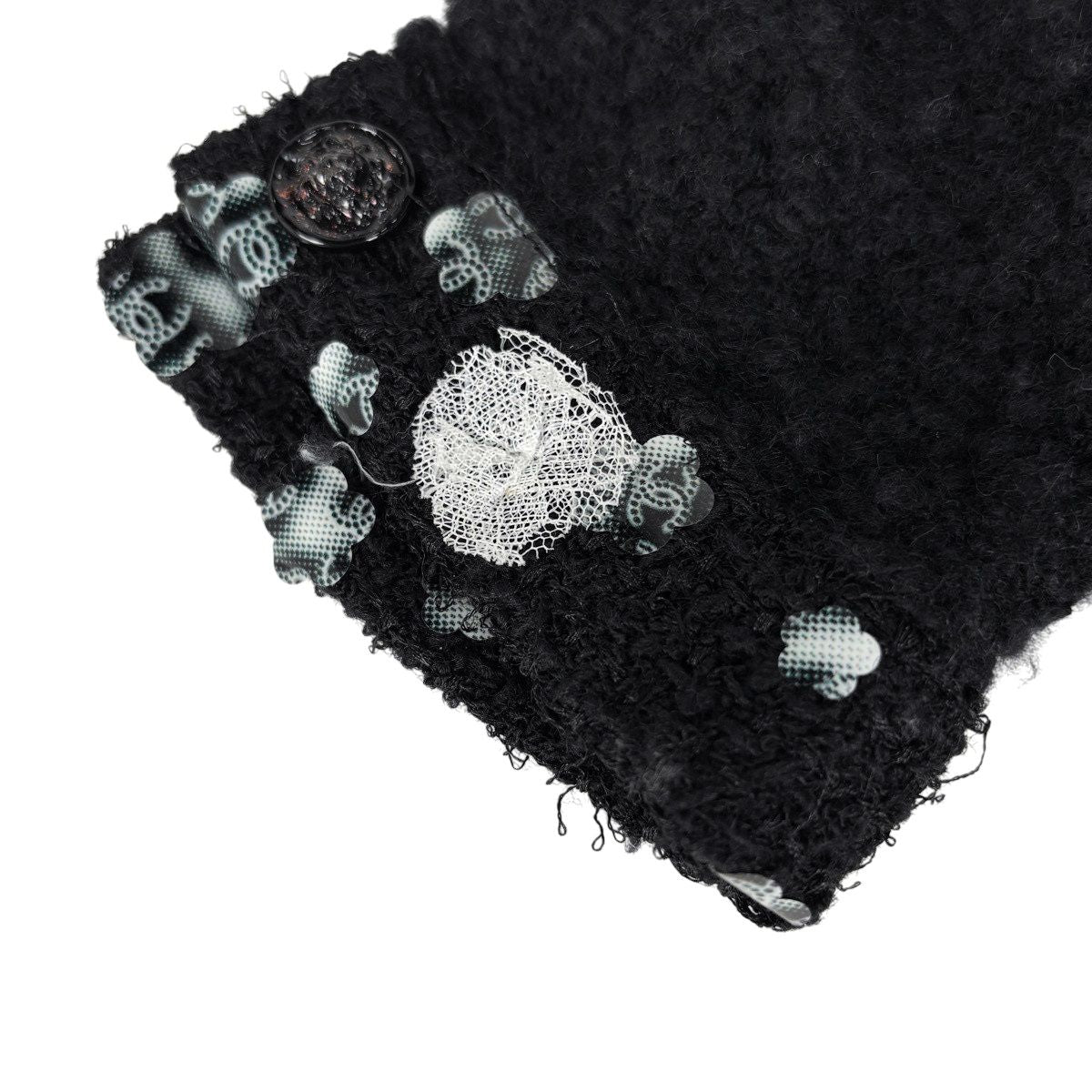 Chanel CC Logo Button Knit Dress Long Sleeve Flower Skirt Cashmere Wool Black — view 6