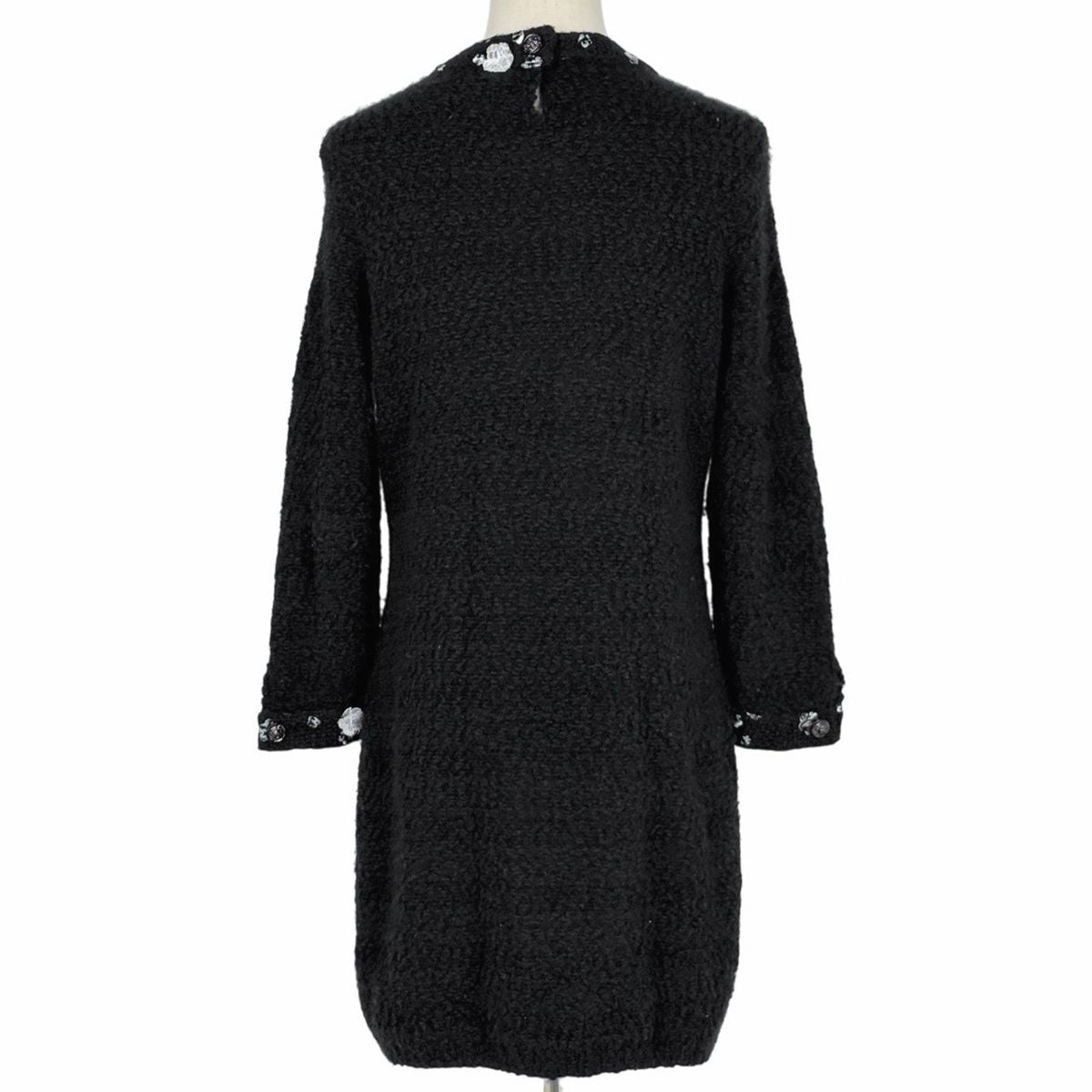 Chanel CC Logo Button Knit Dress Long Sleeve Flower Skirt Cashmere Wool Black — view 3