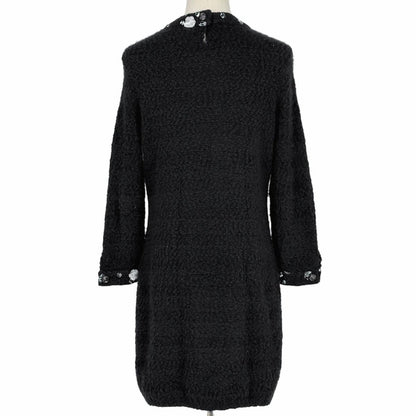 Chanel CC Logo Button Knit Dress Long Sleeve Flower Skirt Cashmere Wool Black — view 3