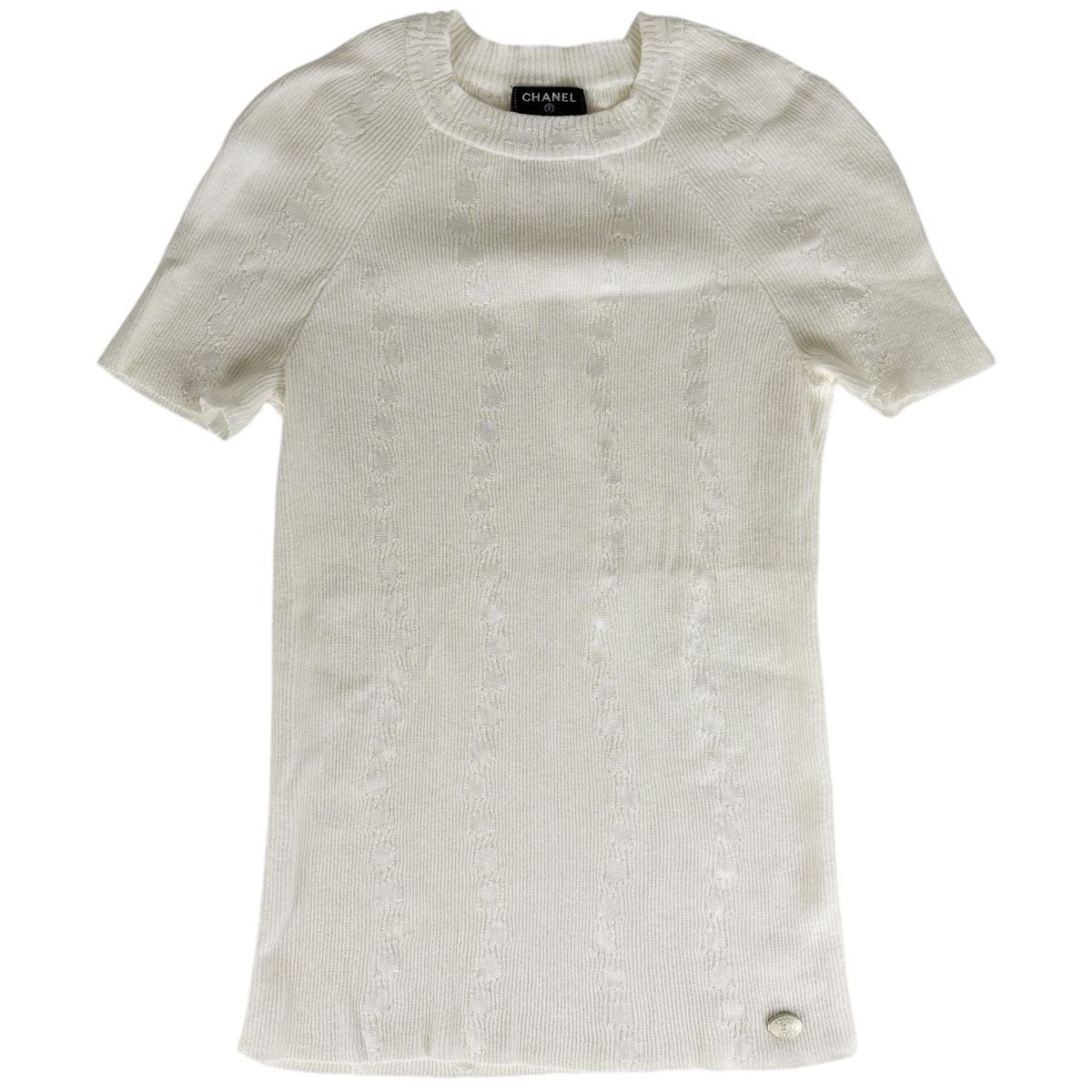Chanel CC Logo Knit Short Sleeve Top White Sweater