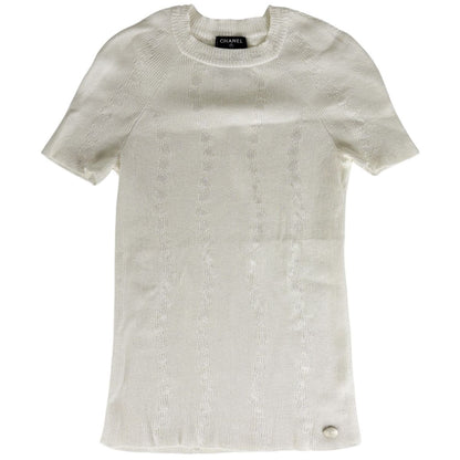 Chanel CC Logo Knit Short Sleeve Top White Sweater